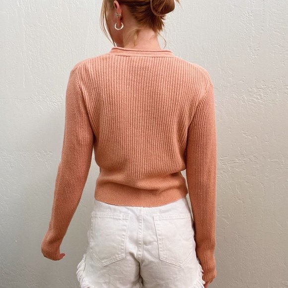 Vintage 90s/Y2K Coral Orange Ribbed Knit Crop Cardigan Sweater - Picture 4 of 5